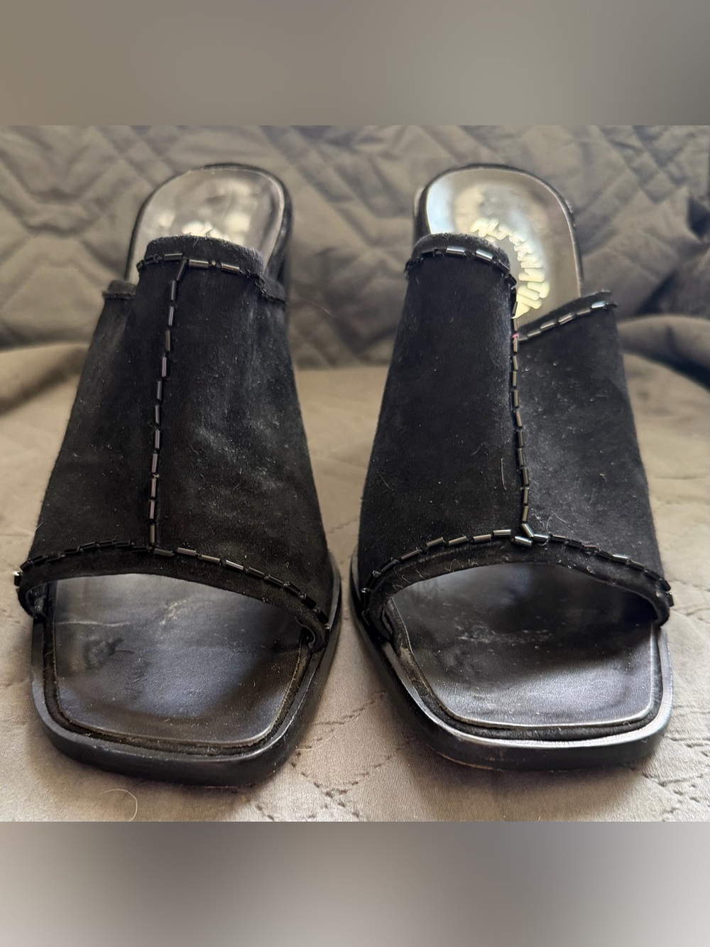 Alternatives Vintage Made in Italy Black Suede Mule Heels Sz 9 Y2K Luxury Slide